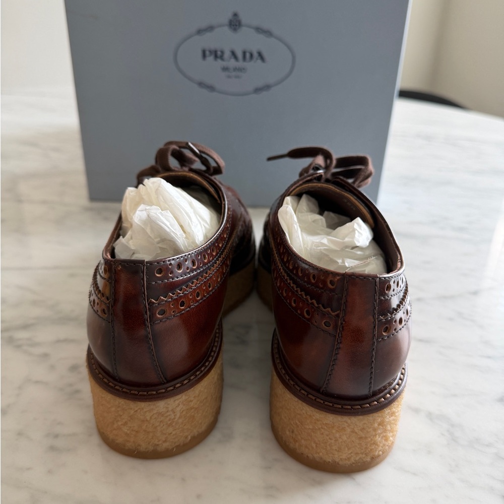 Prada unisex Brown Leather Wingtip Derbys with Crepe Platform Sole - Picture 3 of 5